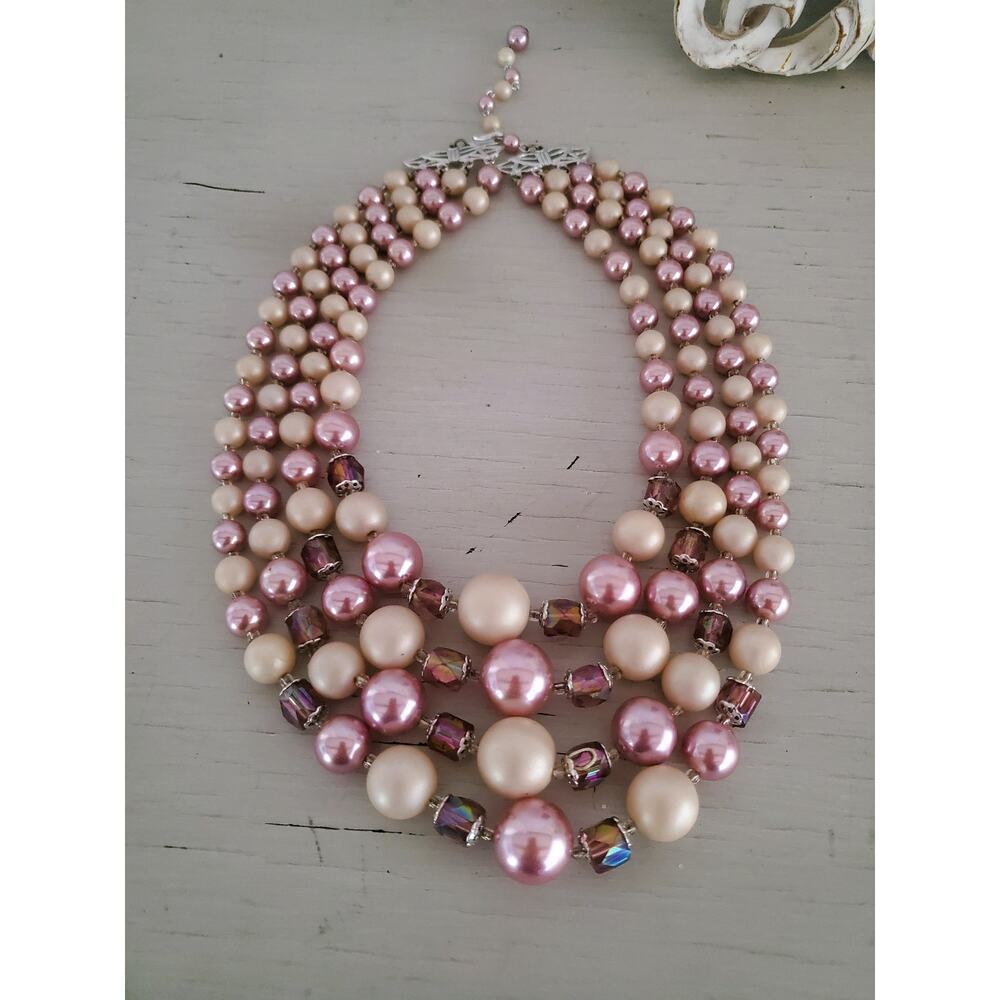 Vintage 4 Strand Hong Kong Lavender & Cream Acrylic Graduated Bead Necklace